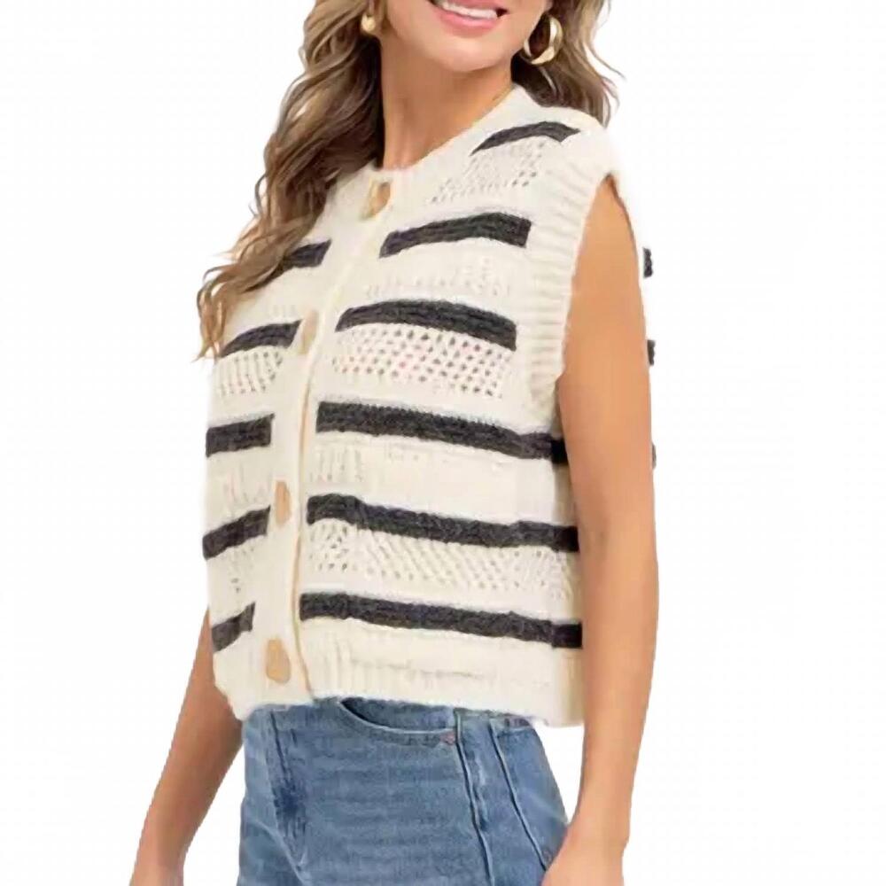 NEW SWEET LOVELY BY JEN stripe sweater knit sleeveless top in ivory/charcoal